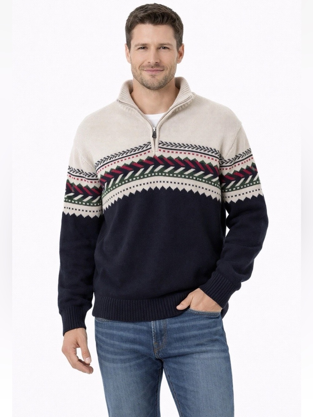 Weatherproof Vintage Fair Isle 1/4 Zip Sweater L 100% Cotton